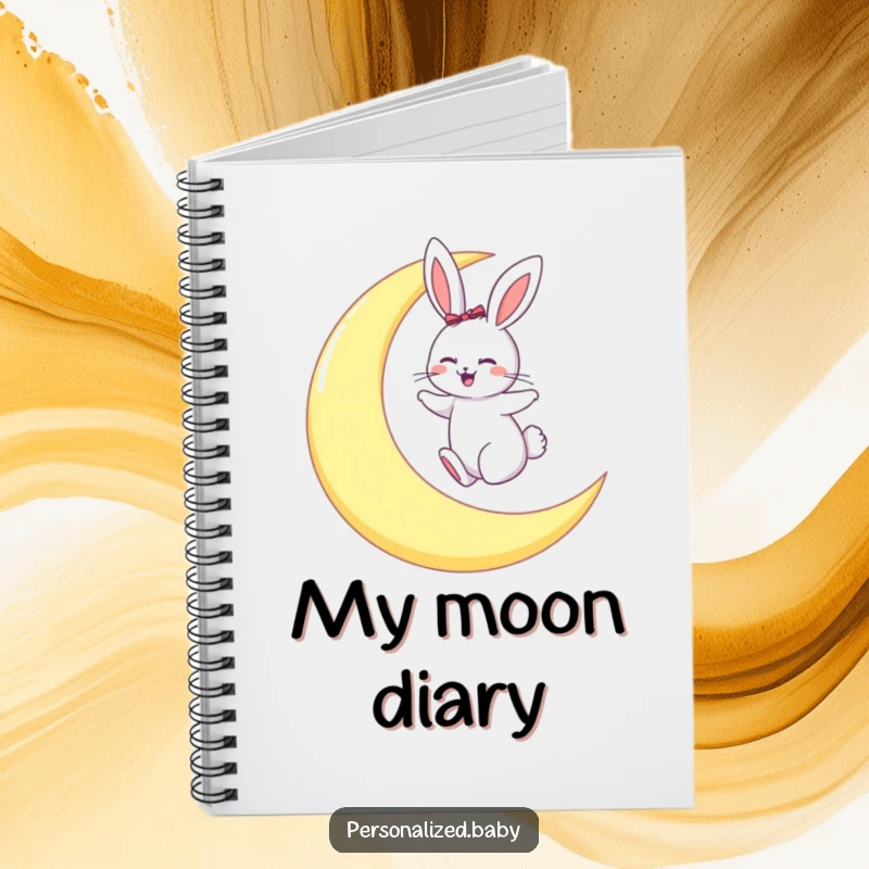 Funny notebook with a giggling bunny hopping on a large crescent moon, encouraging imaginative writing.