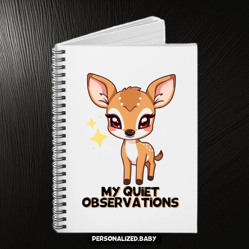 Funny notebook with a shy deer fawn peeking from behind a twinkling star, perfect for writing and drawing.