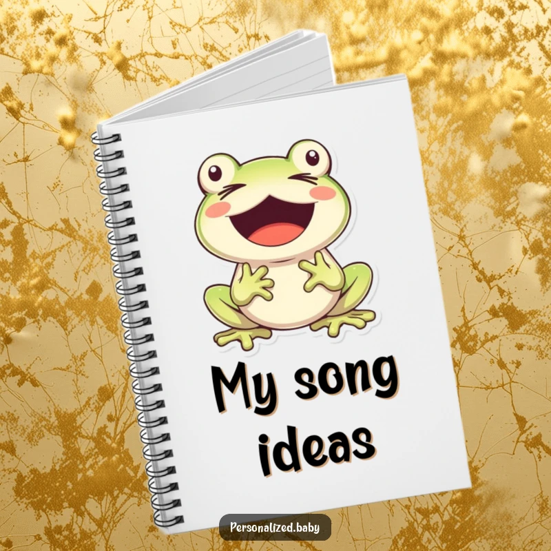Funny, cheerful frog character singing with eyes closed and mouth wide open, inspiring musical notes in this cute notebook.