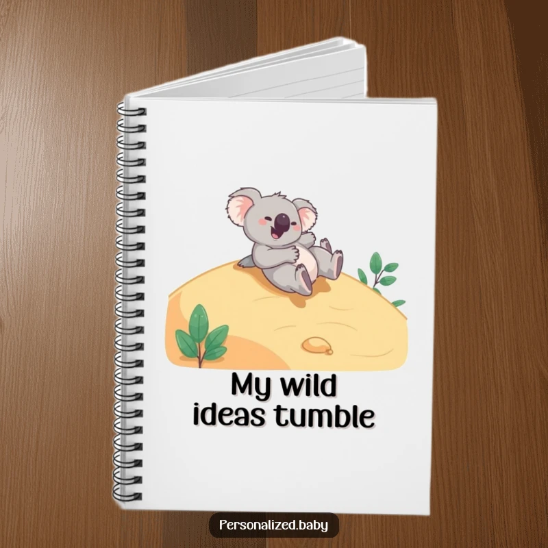 Funny Notebook: Giggling koala bear joyfully tumbling down a hillside, perfect for jotting down playful ideas and fun thoughts.