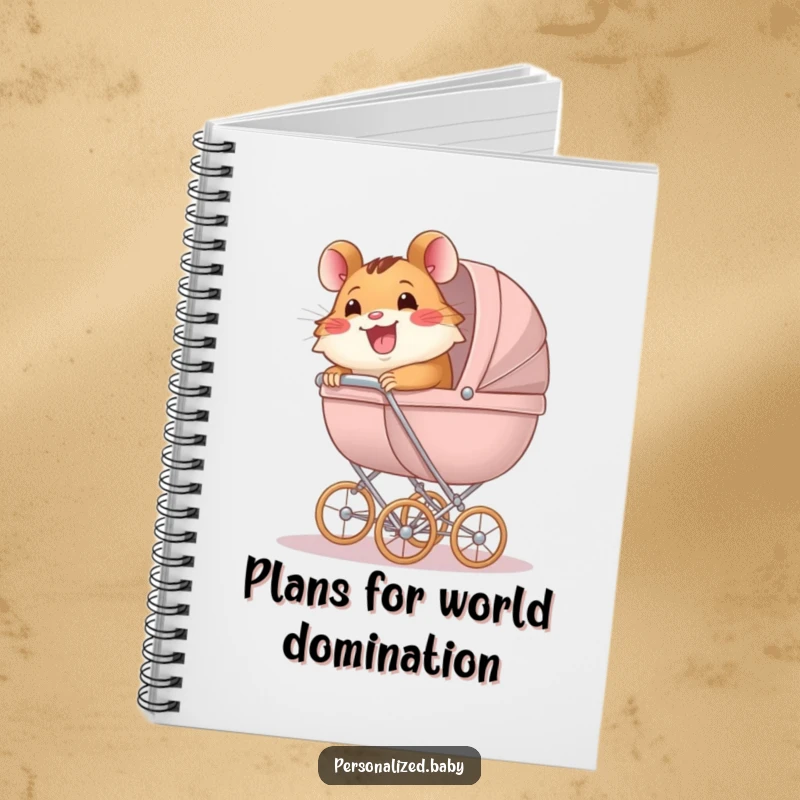 Funny Notebook with a happy hamster enthusiastically pushing an oversized baby carriage, ideal for noting down plans and goals.