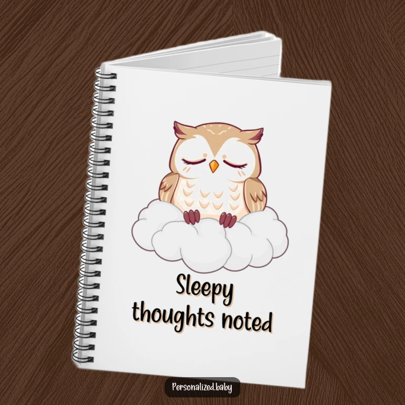Funny notebook with a sleepy owl dozing soundly on a fluffy pile of clouds, a humorous and inspiring journal for peaceful thoughts.