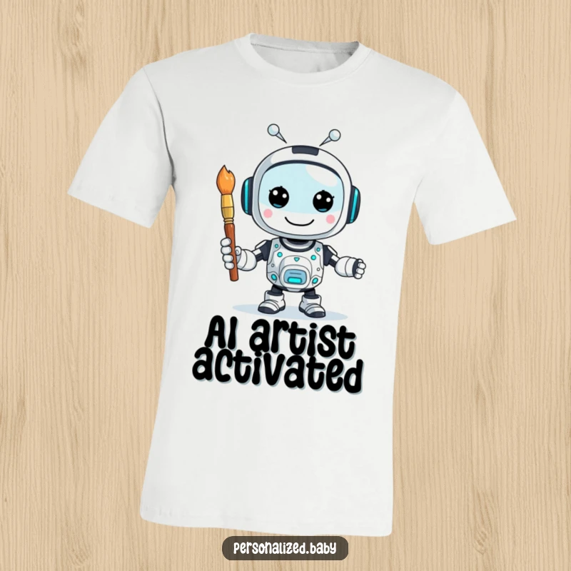 Funny t-shirt showcasing a happy, buzzing AI robot character holding a paintbrush, symbolizing creative artificial intelligence.