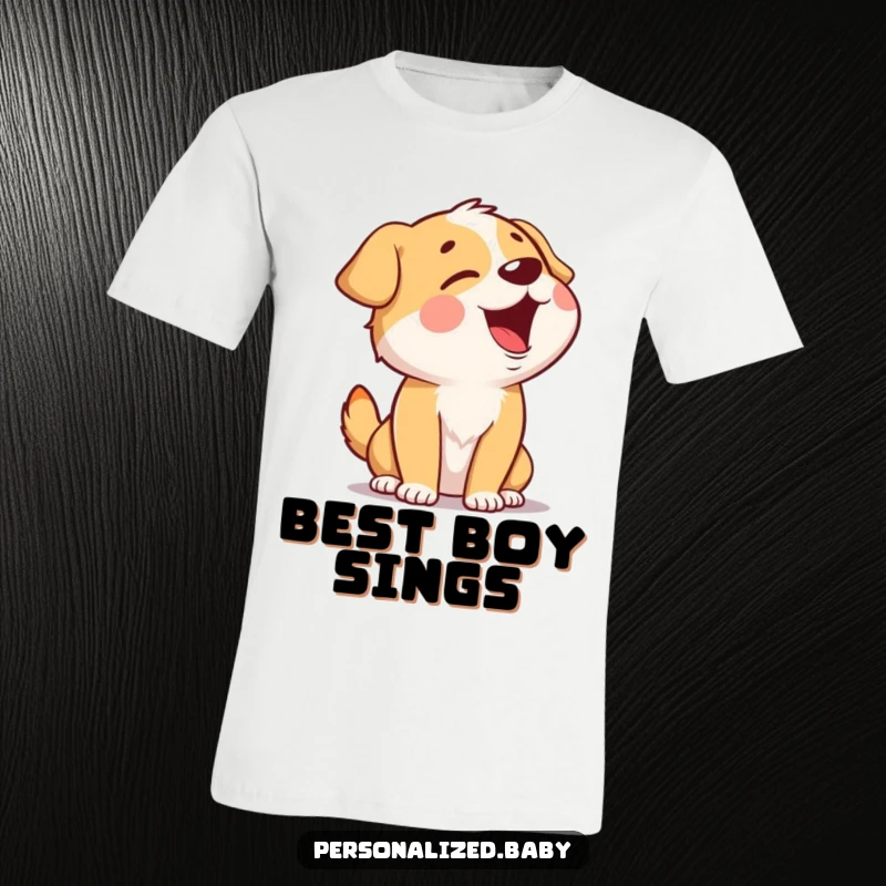 Funny Singing Dog T-Shirt displaying a giggling dog character with head tilted back, enthusiastically singing its heart out with glee.