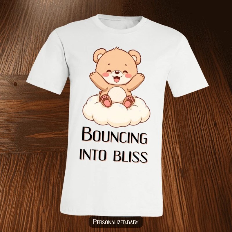 Funny T-Shirt: Adorable fluffy bear cub bouncing ecstatically on a fluffy cloud cushion, radiating pure, unadulterated joy.
