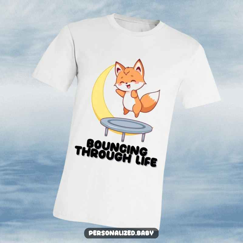 Funny t-shirt of a fox cub bouncing on a crescent moon, a whimsical design for spreading joy and adventure.