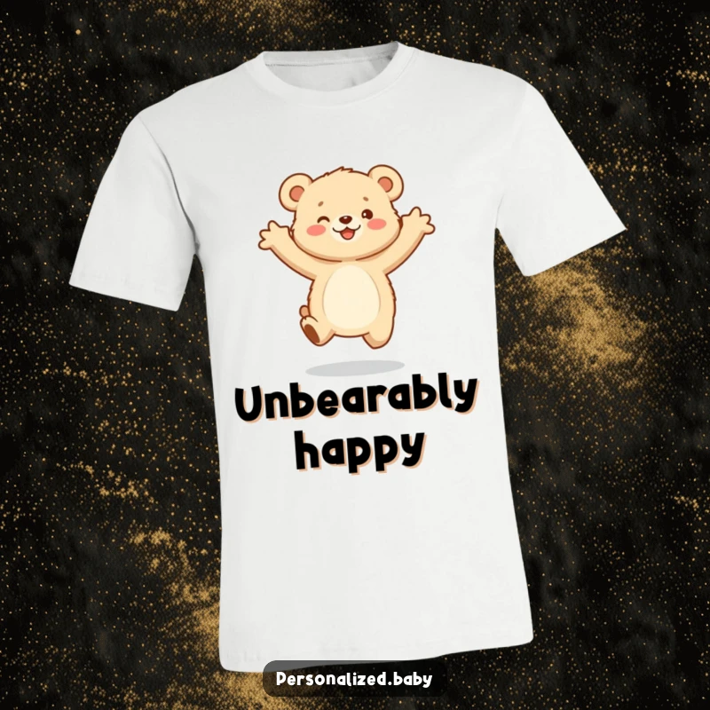 Funny T-Shirt: An energetic, fluffy bear cub mid-jump with arms outstretched, radiating pure joy and playful charm.