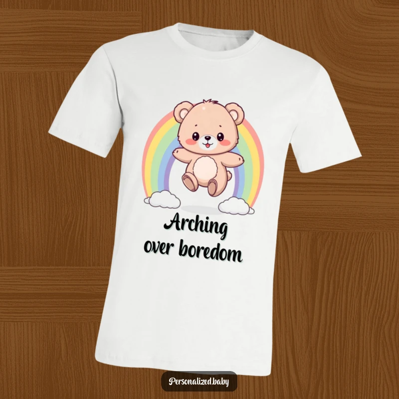Funny t-shirt with a fluffy bear cub happily bouncing on a colorful rainbow, a symbol of pure joy and playful adventure.