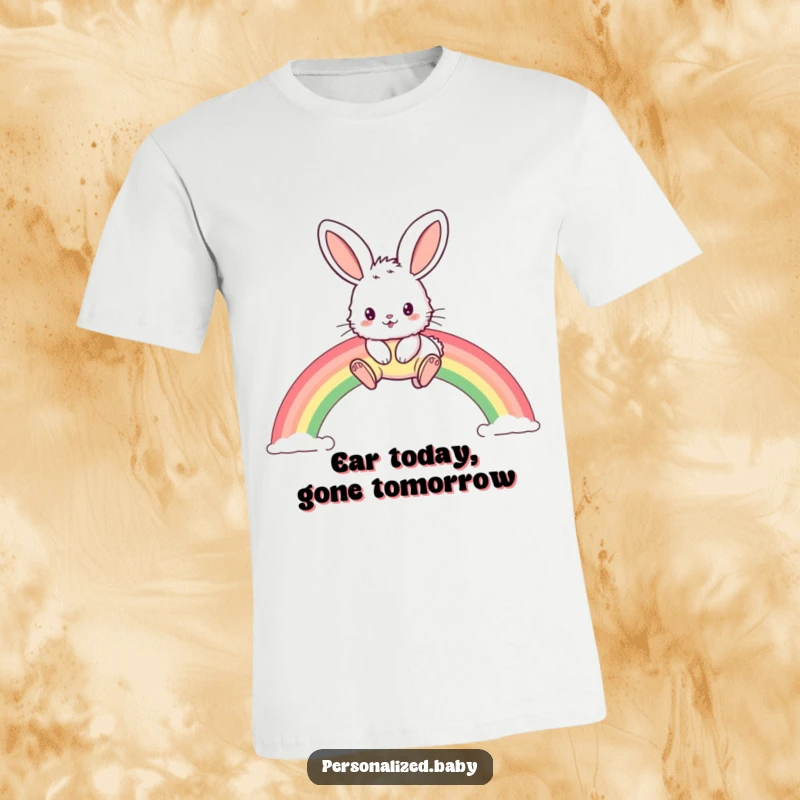 Funny t-shirt with a fluffy bunny with huge ears joyfully jumping high over a vibrant, arching rainbow.