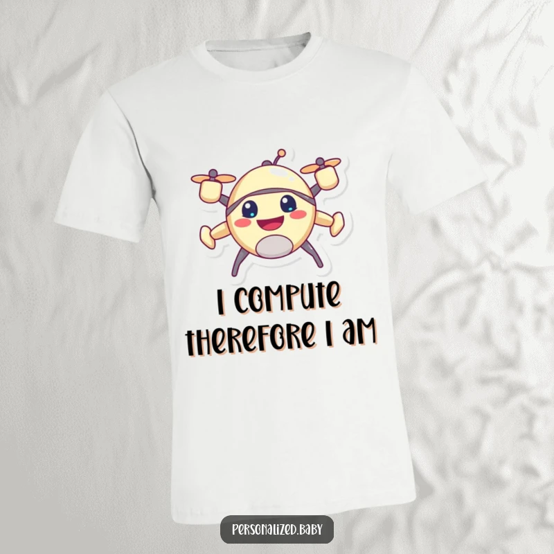 Funny buzzing drone t-shirt, depicting a cheerful character hovering with an infectious grin, spreading joy.