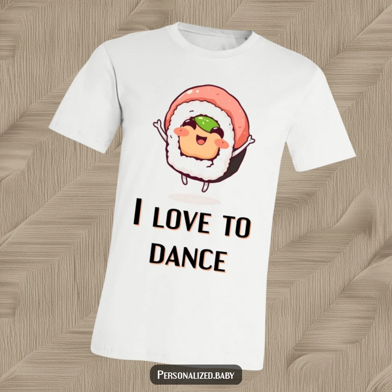 Funny t-shirt depicting a jubilant sushi roll dancing with pure joy, radiating happiness and energy, a wonderful funny gift.