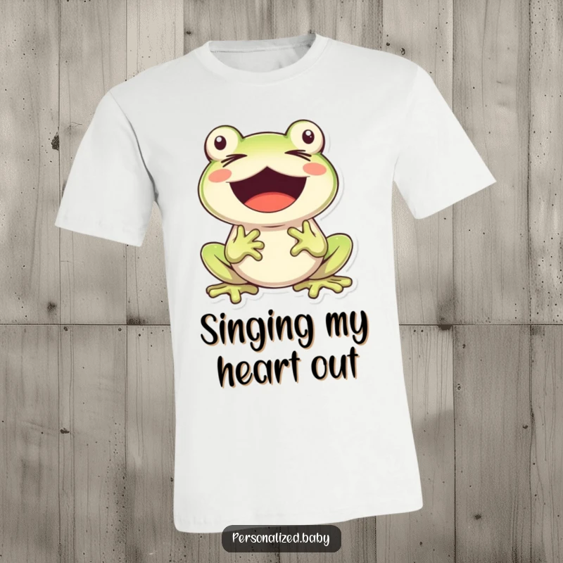 Funny, cheerful frog character with eyes closed, mouth wide open, singing its heart out on this amusing t-shirt.