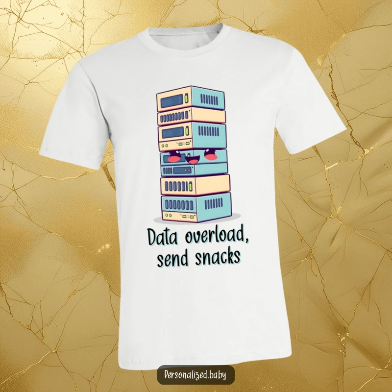 Funny t-shirt with a giggling, wobbly stack of data blocks, symbolizing fun and organized information.