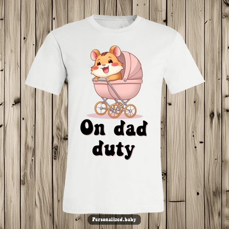 Funny T-Shirt featuring a happy hamster enthusiastically pushing a comically oversized baby carriage, symbolizing busy, loving pet parents.
