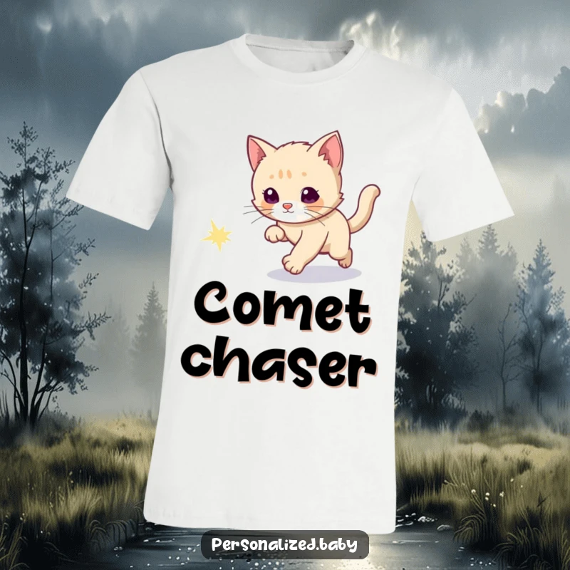 Funny t-shirt depicting a curious kitten enthusiastically chasing a dazzling, sparkly comet tail through space.