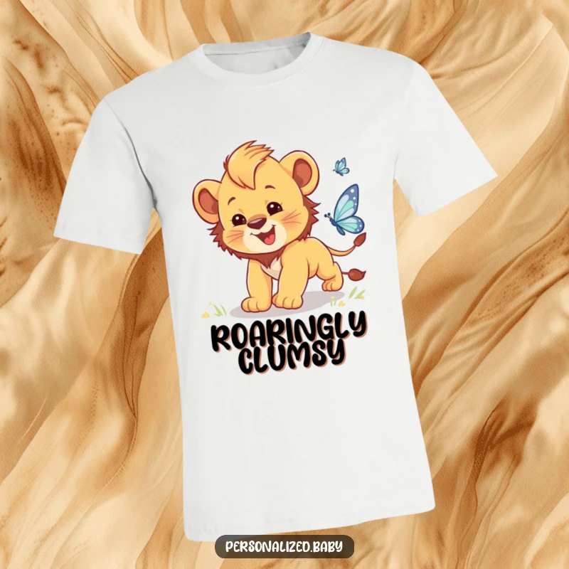 Funny t-shirt featuring a clumsy baby lion cub with cute ears playfully pursuing a shimmering butterfly.