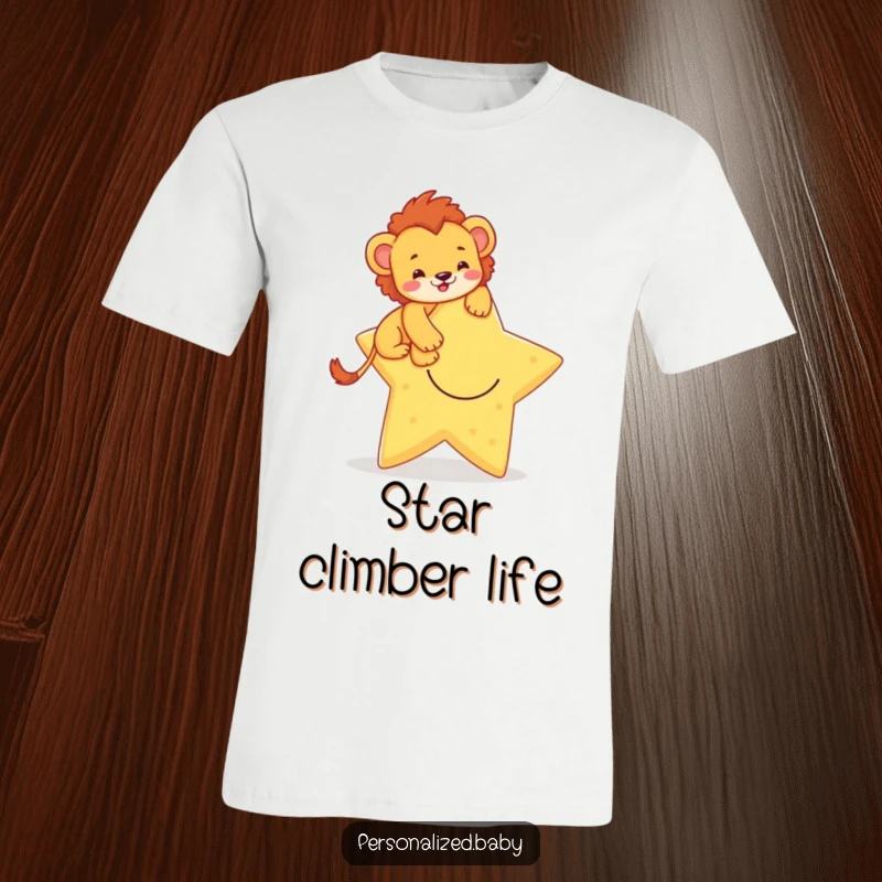 Funny t-shirt showcasing a brave lion cub scaling a large, cheerful star, representing bravery and reaching for dreams.