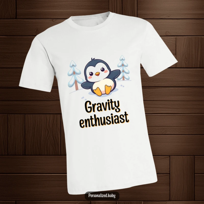 Funny penguin chick sliding down a snowy hill on its stomach, a joyful and humorous t-shirt design.