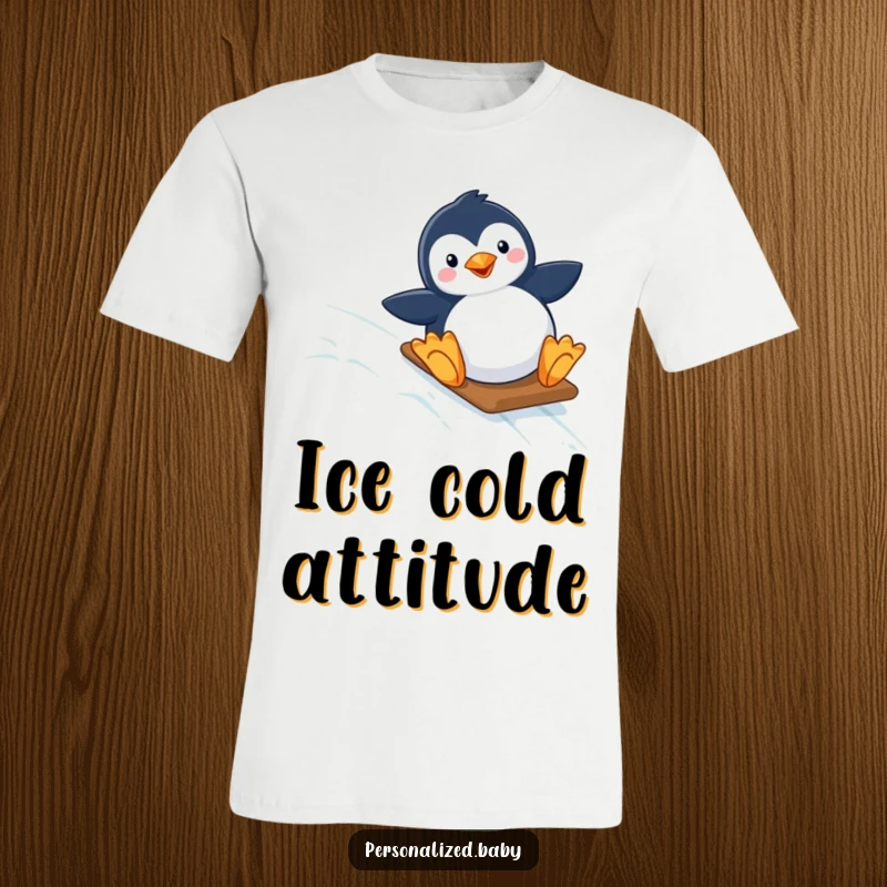 Funny t-shirt with a happy penguin mid-slide down a twinkling, icy slope, celebrating winter joy and adventurous spirit.