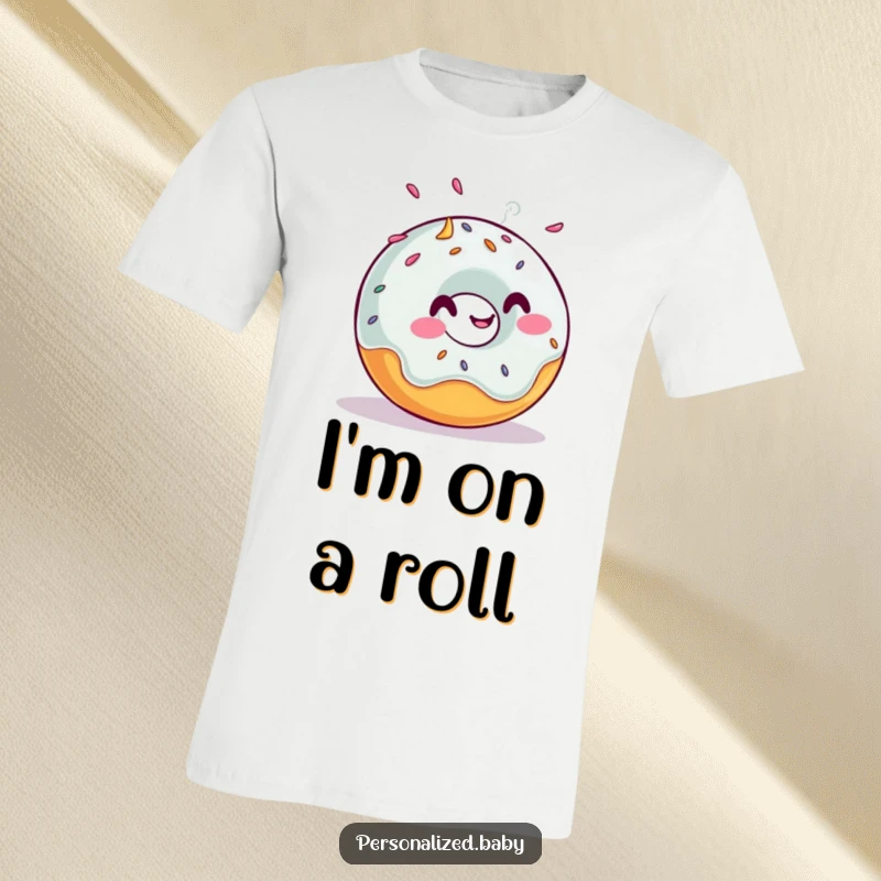 Funny t-shirt depicting a giggling donut rolling joyfully with sprinkles flying, radiating happiness and fun, a wonderful funny gift.