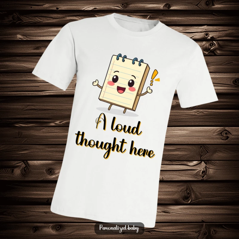 A playful, rolling notepad character accompanied by a happy, bouncing exclamation mark, printed on a fun t-shirt.