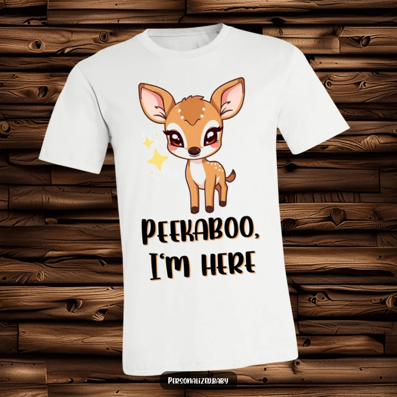 Funny t-shirt featuring a shy deer fawn with large eyes peeking from behind a sparkling star, soft and comfortable.
