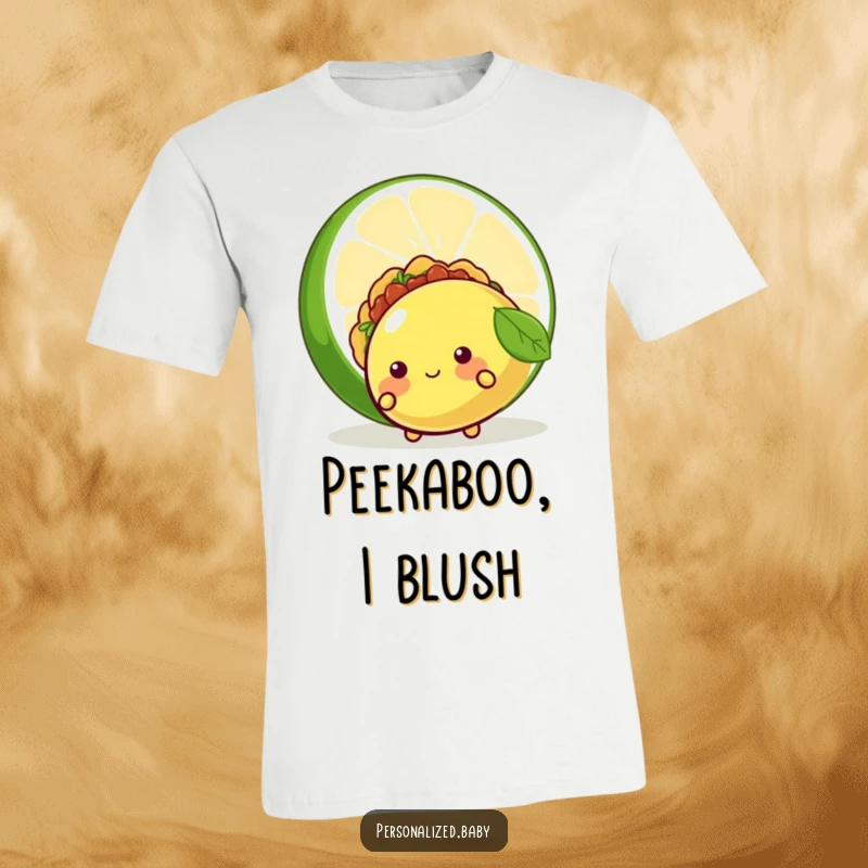 Funny t-shirt depicting a shy, blushing taco character hiding behind a giant lime, exuding cuteness and humor, a wonderful funny gift.
