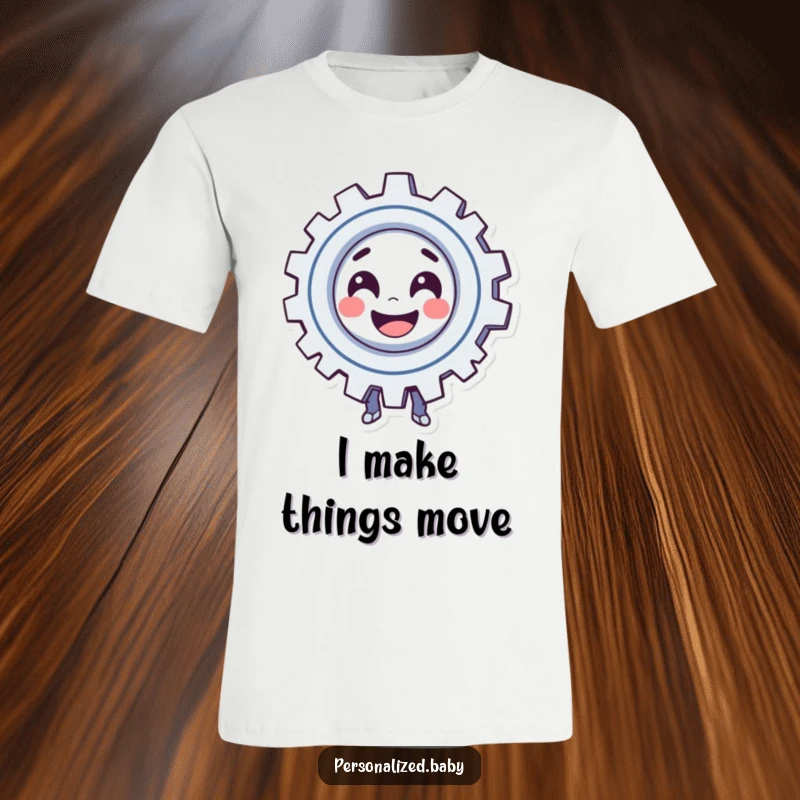 Funny T-Shirt: Smiling, spinning gear character exudes playful automation. Perfect funny gift for engineers.
