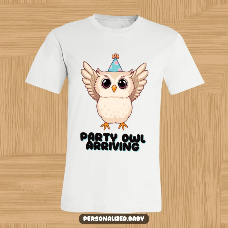 Funny t-shirt of an owl in a party hat swooping dramatically, symbolizing a fun and surprising entrance.
