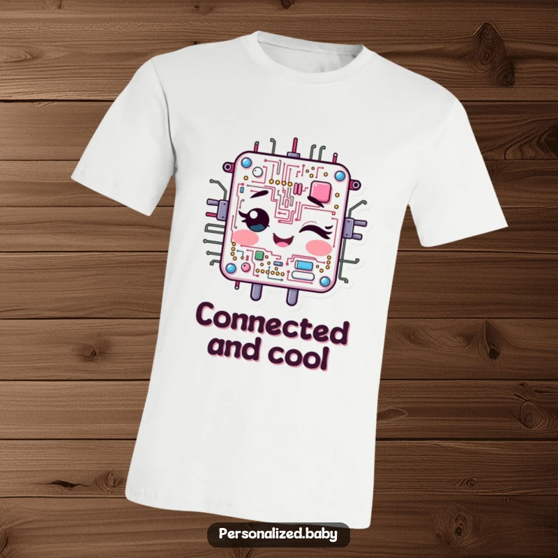 Funny T-Shirt: Cheerful, animated circuit board character winks playfully. Perfect funny gift for tech wizards.