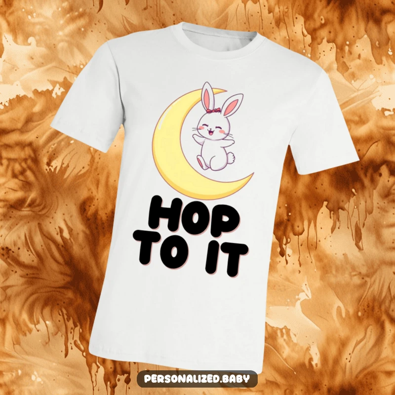 Funny t-shirt showing a giggling bunny bouncing playfully on a big crescent moon, celebrating nighttime fun.