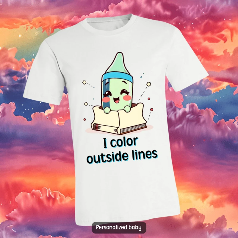 Funny cartoon crayon character joyfully bursting out of an open sketchbook, symbolizing artistic freedom and creativity.