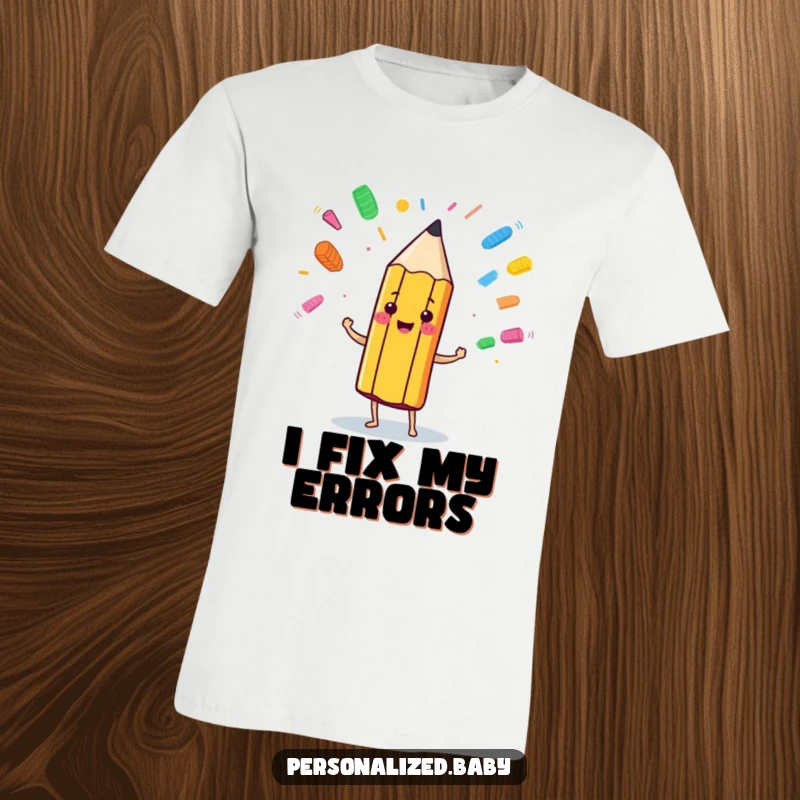 A cheerful, anthropomorphic pencil actively juggling multiple colorful eraser marks, depicted on a fun t-shirt.