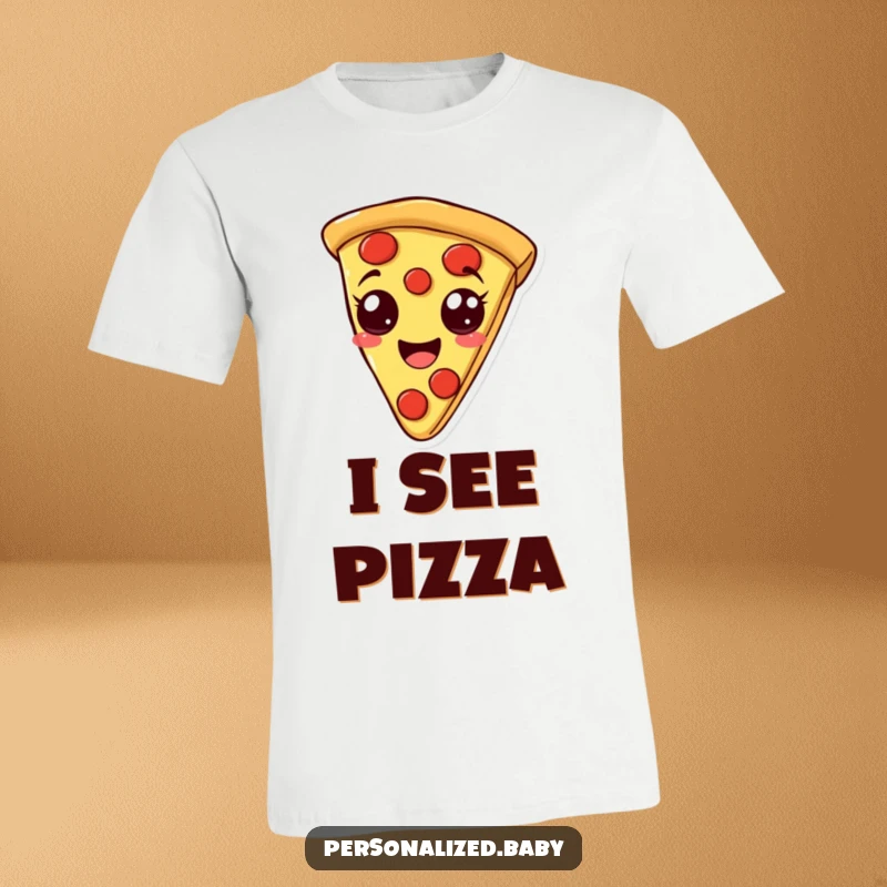 Funny t-shirt depicting a smiling, bouncy pizza slice with pepperoni eyes, radiating fun and a love for pizza, a wonderful funny gift.