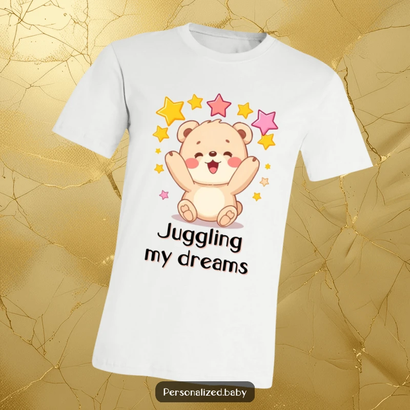 Funny t-shirt of a bear cub joyfully juggling stars, a whimsical design for spreading happiness and fun.