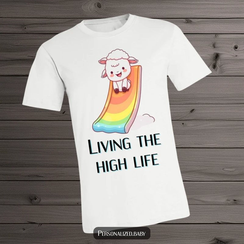 Funny T-Shirt showing a giggling lamb gleefully tumbling down a vibrant, shimmering rainbow slide, embodying pure fun and joy.