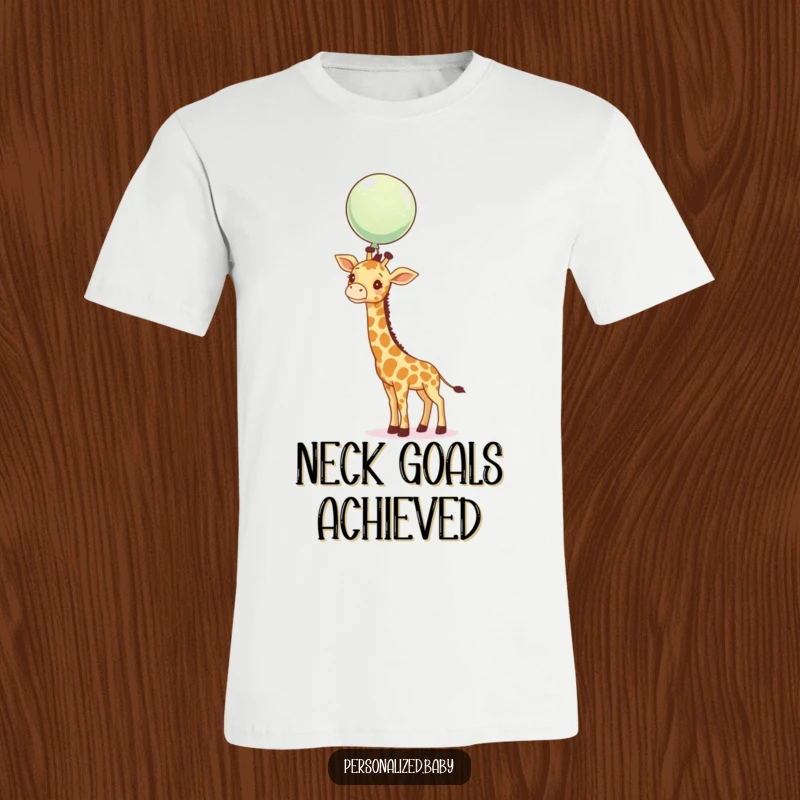 Funny giraffe calf stretching its neck to catch a floating balloon, a whimsical and humorous t-shirt.