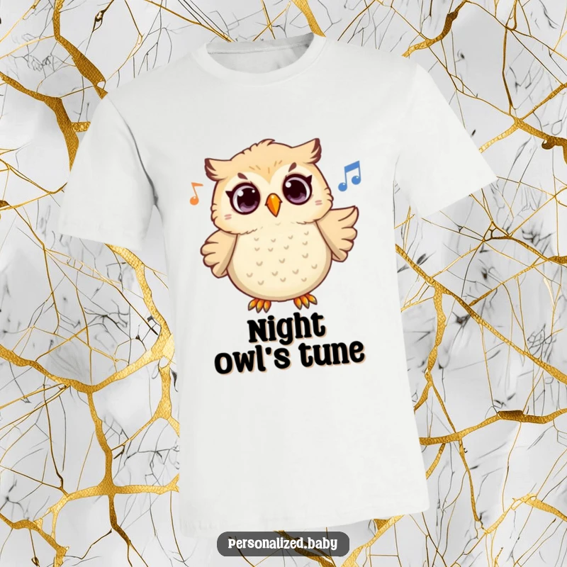 Funny Owl Melody T-Shirt displaying a surprised owl character mid-hoot, its eyes wide as it melodiously sings a charming tune.