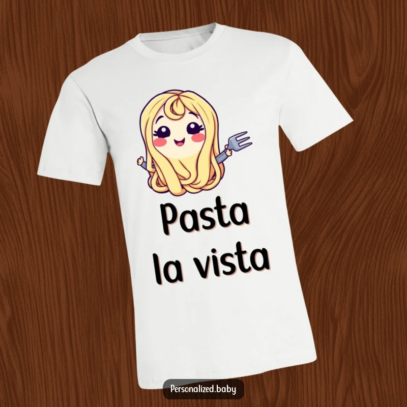 Funny T-Shirt: Smiling wiggling spaghetti noodle character holding a fork, symbolizing pasta joy and deliciousness, a fun funny gift.