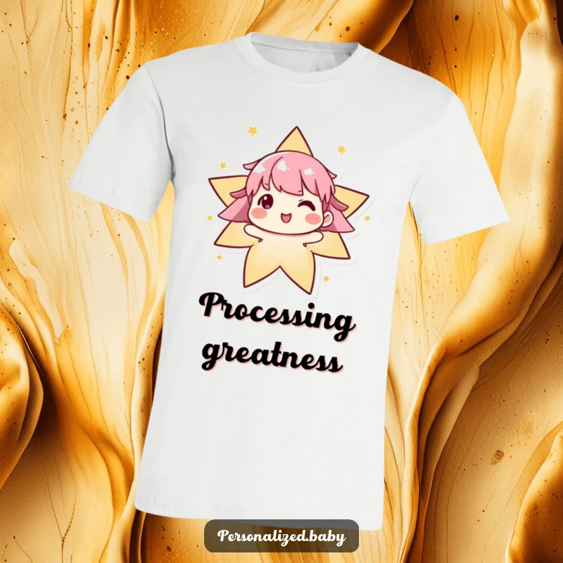 Funny algorithm t-shirt featuring an evolving character delightedly creating a bright star, representing innovation and coding prowess.