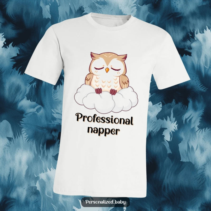 Funny t-shirt with a sleepy owl dozing soundly on a fluffy pile of clouds, a humorous and comforting design.