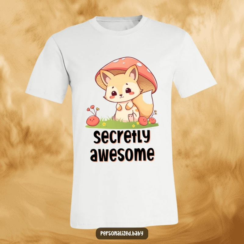 Funny T-Shirt: A cunning fox kit peeks out with a sly grin from behind a giant mushroom, embodying playful mischief.