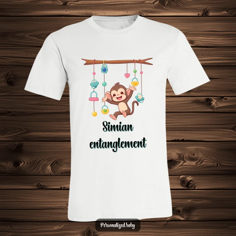 Funny T-Shirt depicting a mischievous monkey entangled in a mobile of pacifiers, symbolizing the playful challenges of caring for a baby.