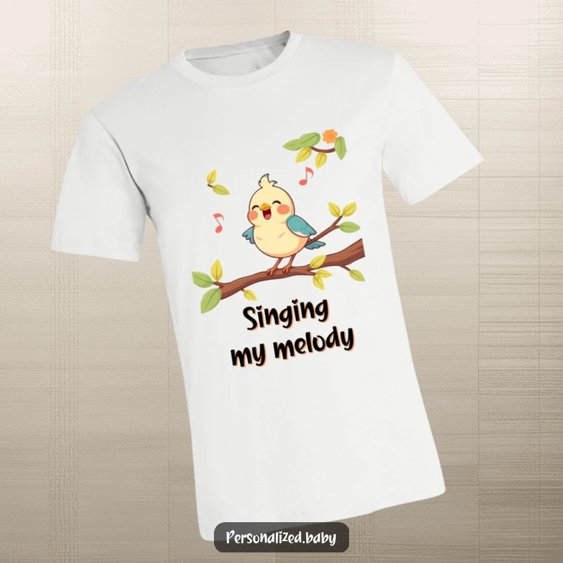 Funny, happy bird character perched on a branch, singing its heart out on this amusing and comfortable t-shirt.
