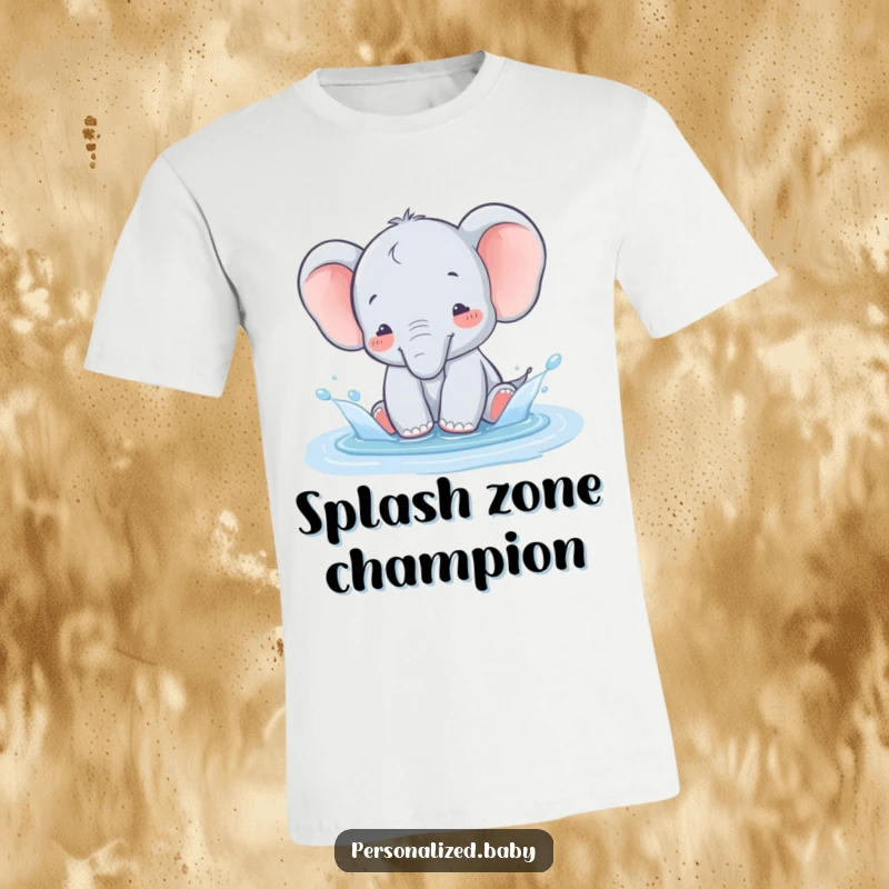 Funny and unsteady baby elephant joyfully splashing water everywhere in a puddle, a cute t-shirt design.