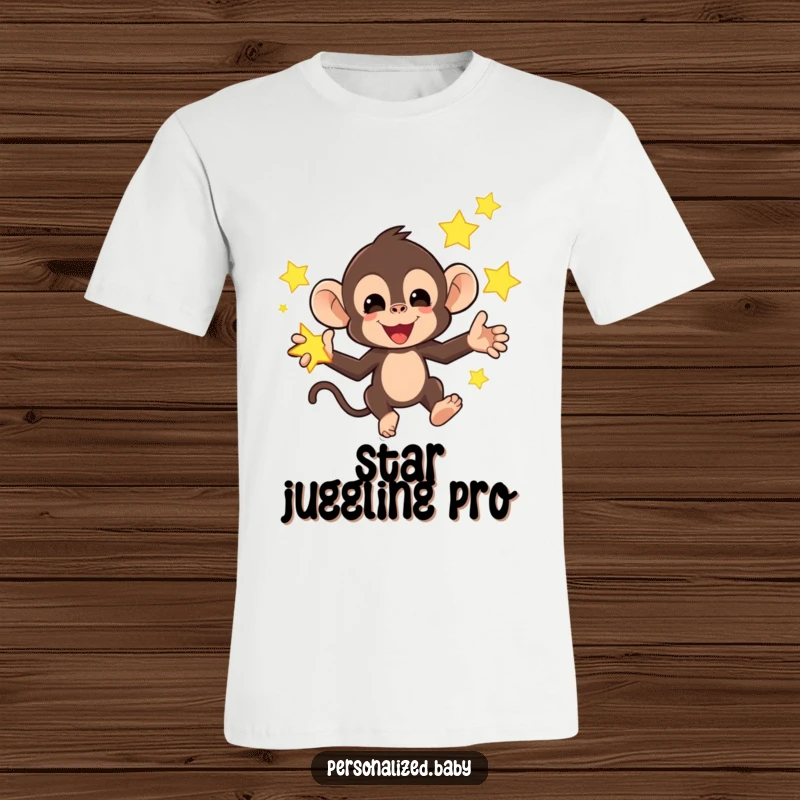 Funny t-shirt with a mischievous monkey juggling bright, glowing stars, a humorous and energetic celestial scene.