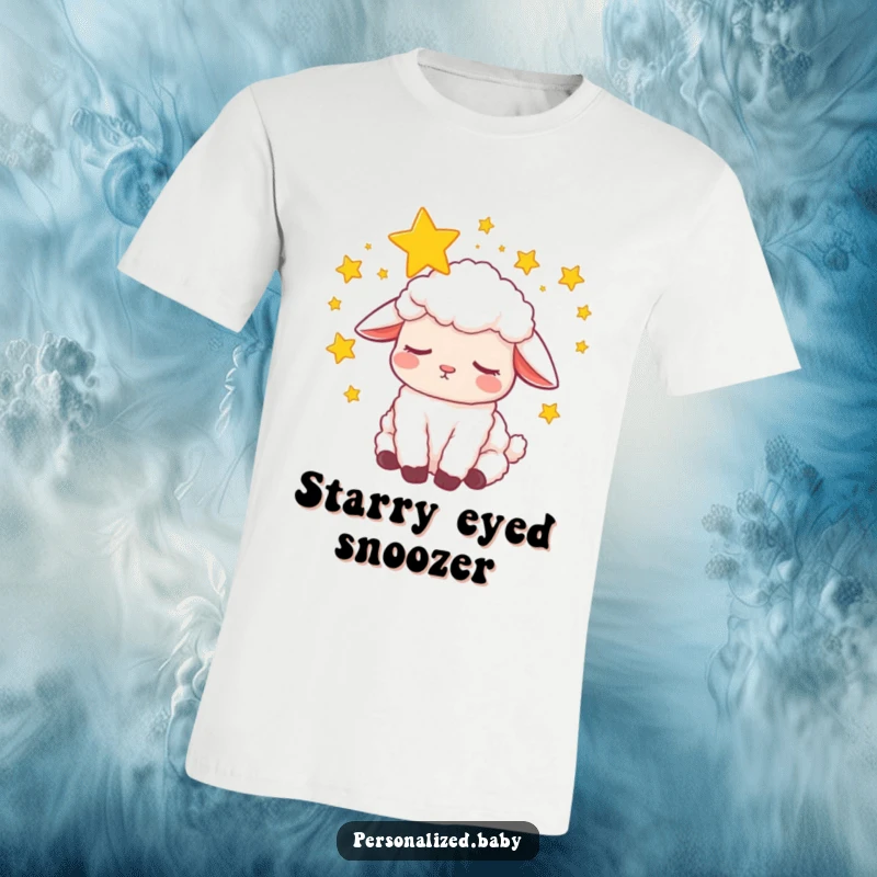 Funny T-Shirt: A gentle, sleepy lamb is lost in a peaceful dream, surrounded by a halo of swirling, magical stars.