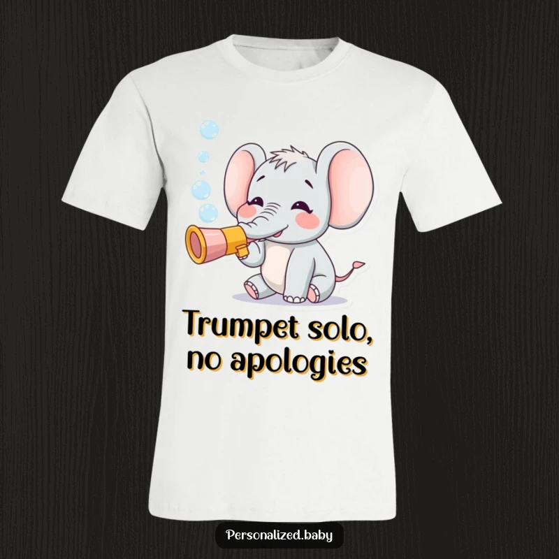 Funny t-shirt with a tiny, happy elephant character playing a toy trumpet and blowing a stream of bubbles, expressing pure delight.