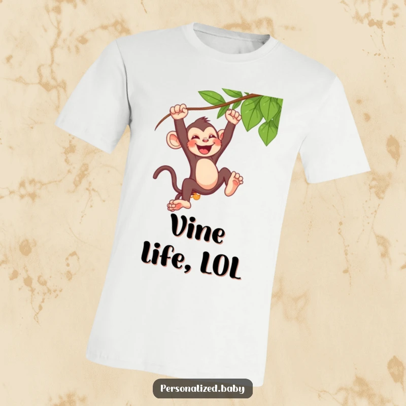 Funny baby monkey t-shirt, swinging wildly from a vine, laughing hysterically, a wearable piece of primate fun.