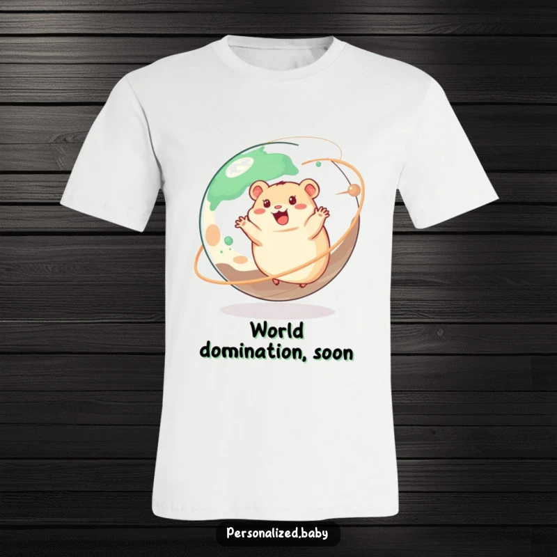 Funny t-shirt depicting a happy hamster energetically running on a massive, spinning planet, vibrant and fun.